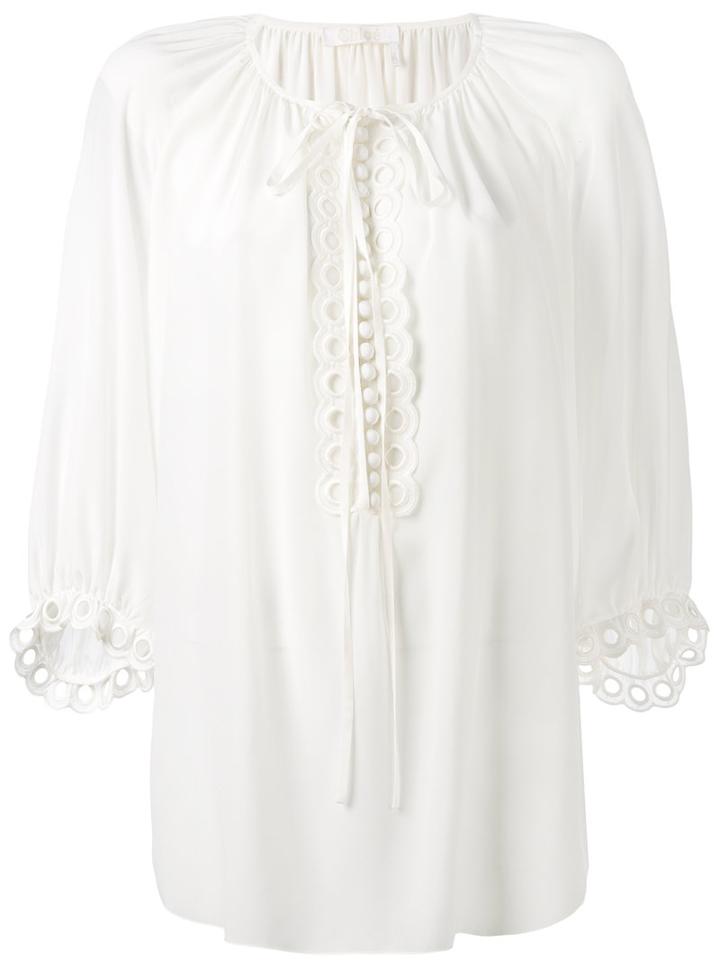 Chloé - Tie Placket Peasant Blouse - Women - Silk - 36, White, Silk