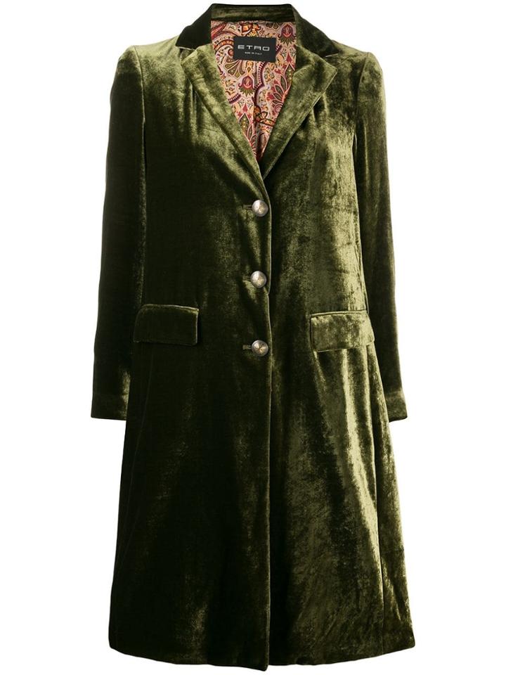 Etro Velvet Single Breasted Coat - Green