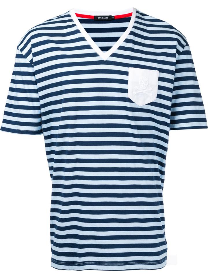 Loveless - Striped V-neck T-shirt - Men - Cotton - 1, Blue, Cotton