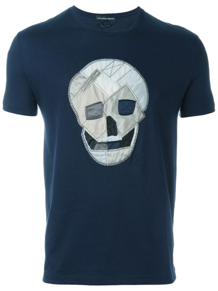 Alexander Mcqueen Patchwork Skull T-shirt, Men's, Size: L, Blue, Cotton
