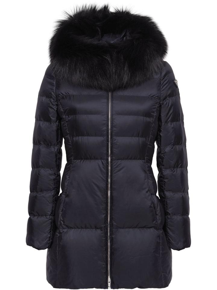 Prada Fur-trimmed Nylon Down Jacket - Blue