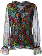 Au Jour Le Jour Semi Sheer Ruffled Tie Up Neck Floral Print Blouse