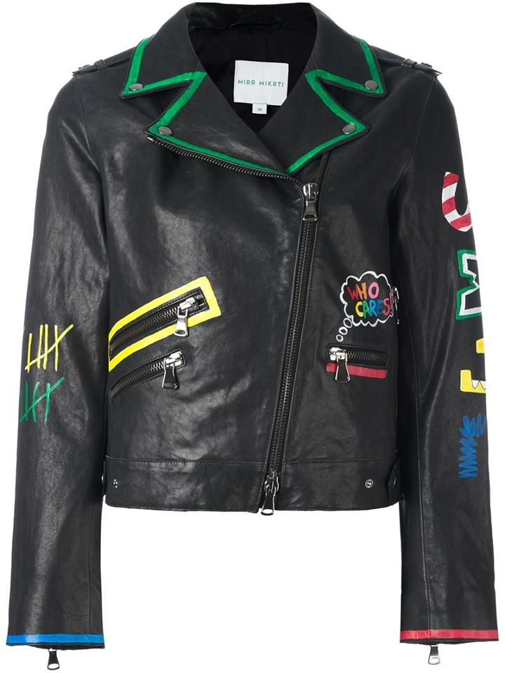 Mira Mikati Scribble Print Biker Jacket, Women's, Size: 38, Black, Leather/polyester