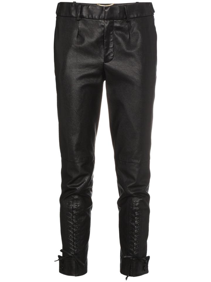 Saint Laurent Mid Rise Slim Fit Cropped Leather Trousers - Black