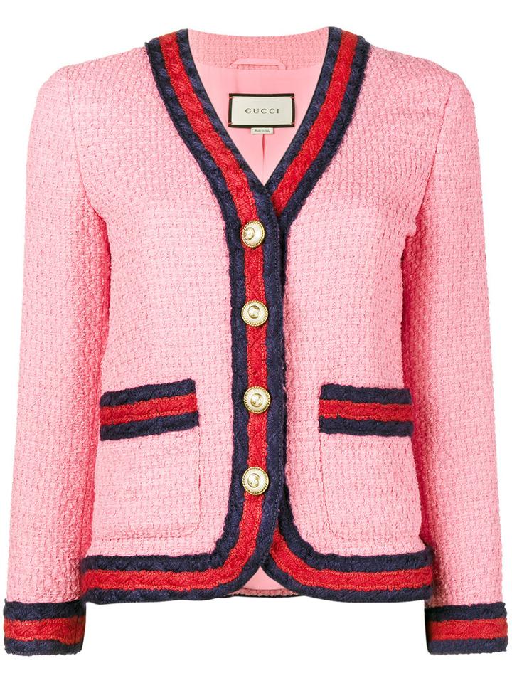 Gucci - Slim Fit Blazer With Contrasting Piping - Women - Silk/cotton/acrylic/wool - 42, Pink/purple, Silk/cotton/acrylic/wool