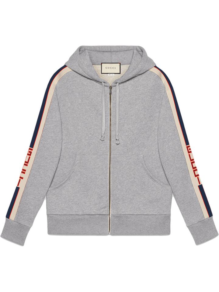 Gucci Hooded Zip-up Sweatshirt With Gucci Stripe - Grey