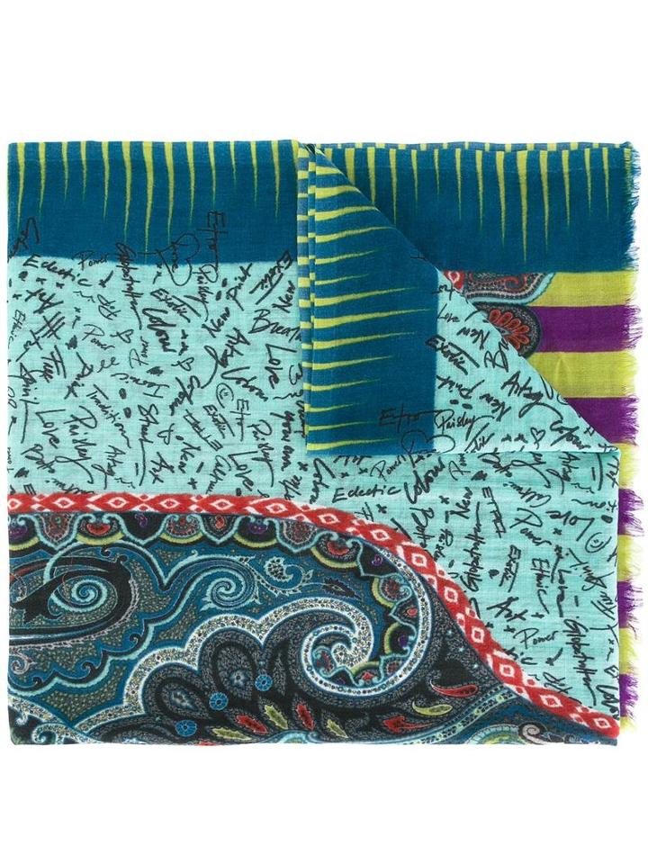 Etro Printed Scarf, Women's, Blue, Wool