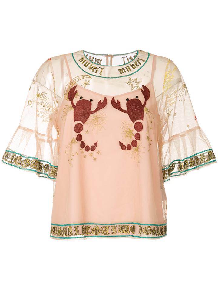 Muveil Embroidered Mesh Blouse - Nude & Neutrals