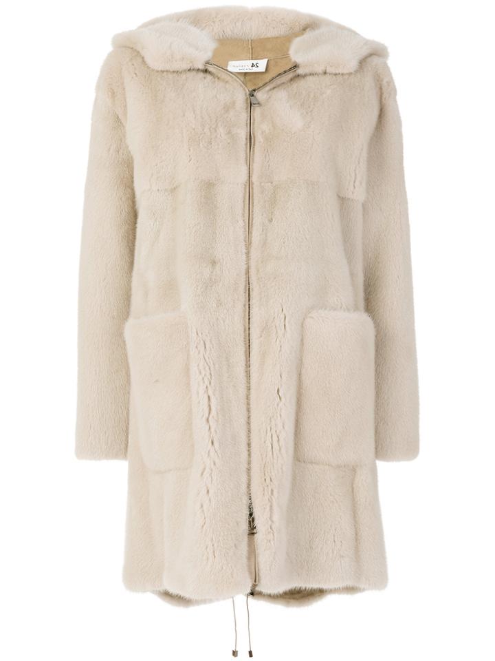 Manzoni 24 Hooded Mid Fur Coat - Nude & Neutrals