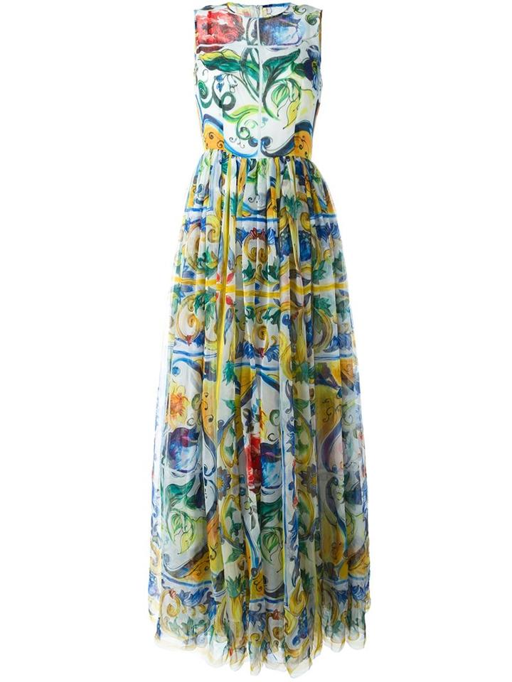 Dolce & Gabbana Majolica Print Evening Dress, Women's, Size: 40, White, Silk/cotton/polyamide