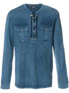 Balmain Lace-up Detail Shirt, Men's, Size: Large, Blue, Cotton
