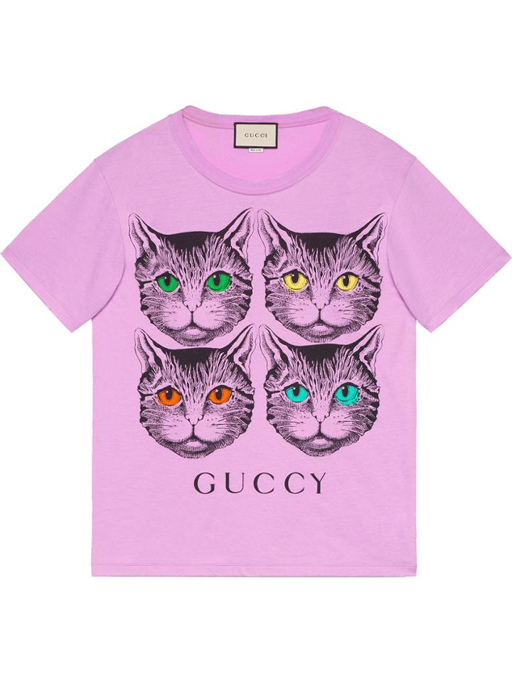 Gucci Mystic Cat And Guccy Print T-shirt - Pink & Purple