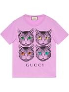 Gucci Mystic Cat And Guccy Print T-shirt - Pink & Purple