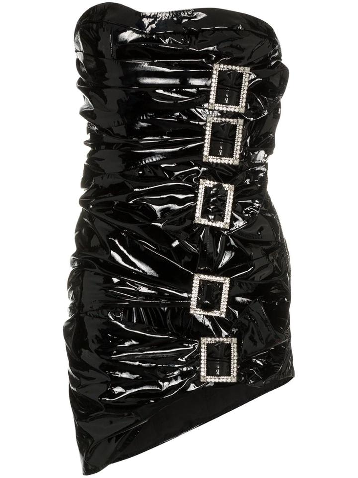 Alexandre Vauthier Strapless Crystal Buckle Leather Mini Dress - Black