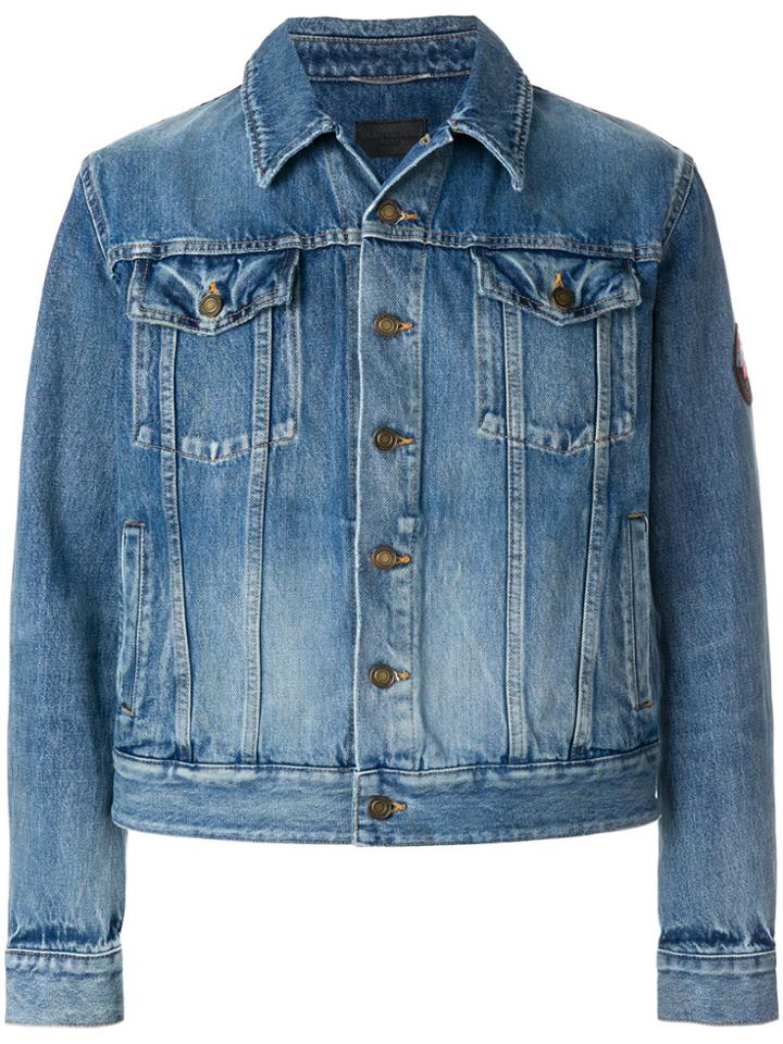 Saint Laurent Love Me Forever Patch Faded Denim Jacket - Blue
