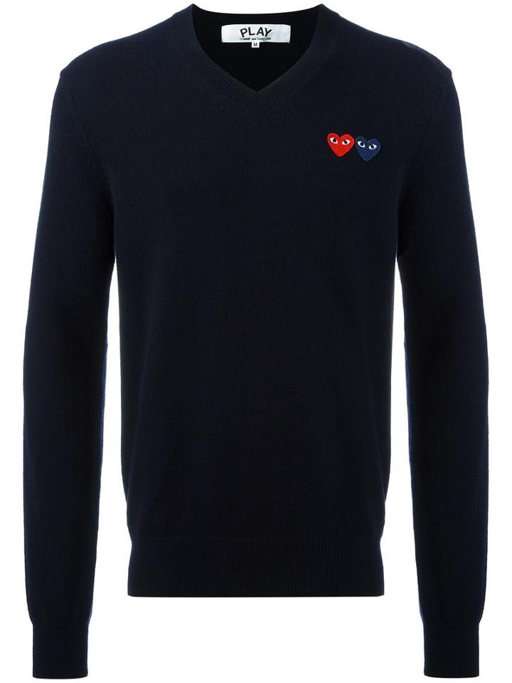Comme Des Garçons Brand Logo V Neck Jumper, Men's, Size: Xl, Blue, Wool