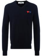 Comme Des Garçons Brand Logo V Neck Jumper, Men's, Size: Xl, Blue, Wool