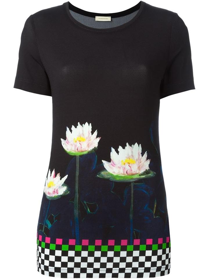 Wunderkind Floral And Checked Hem T-shirt, Women's, Size: Xxs, Black, Viscose/spandex/elastane