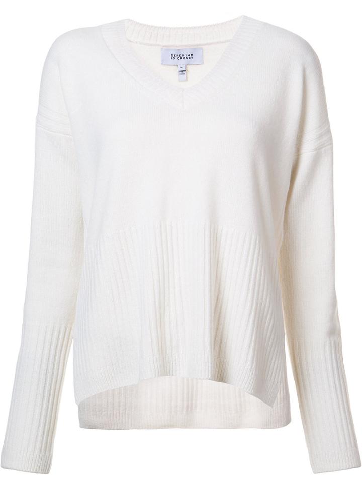 Derek Lam 10 Crosby V-neck Ribbed Detailing Jumper, Size: Medium, White, Cashmere