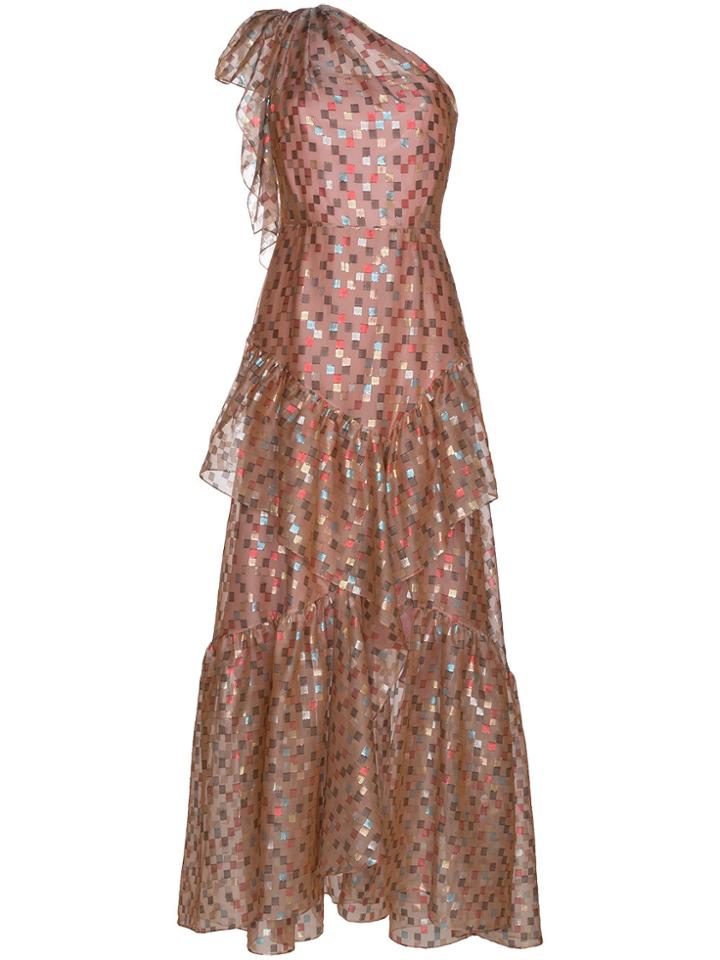 Peter Pilotto One Sleeve Frill Lurex Square Print Gown - Nude &