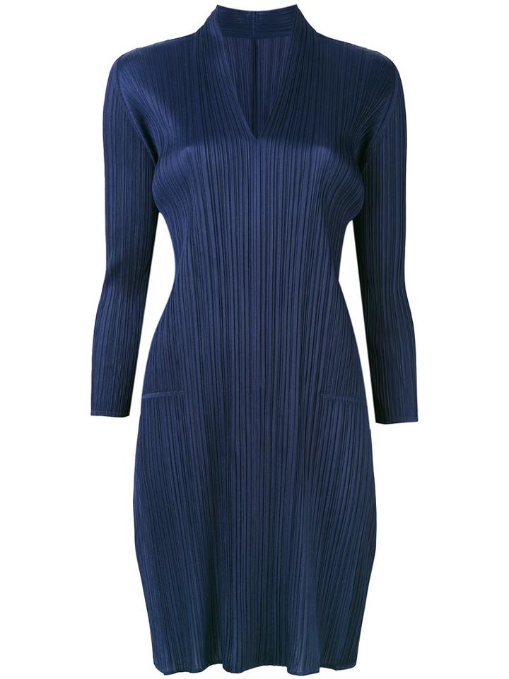 Pleats Please By Issey Miyake - Cropped Sleeve Plissé Dress - Women - Polyester - 4, Blue, Polyester