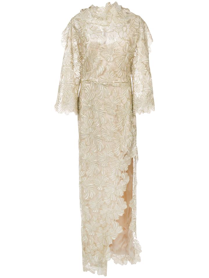 Christian Siriano Side Slit Embroidered High Neck Dress - Metallic