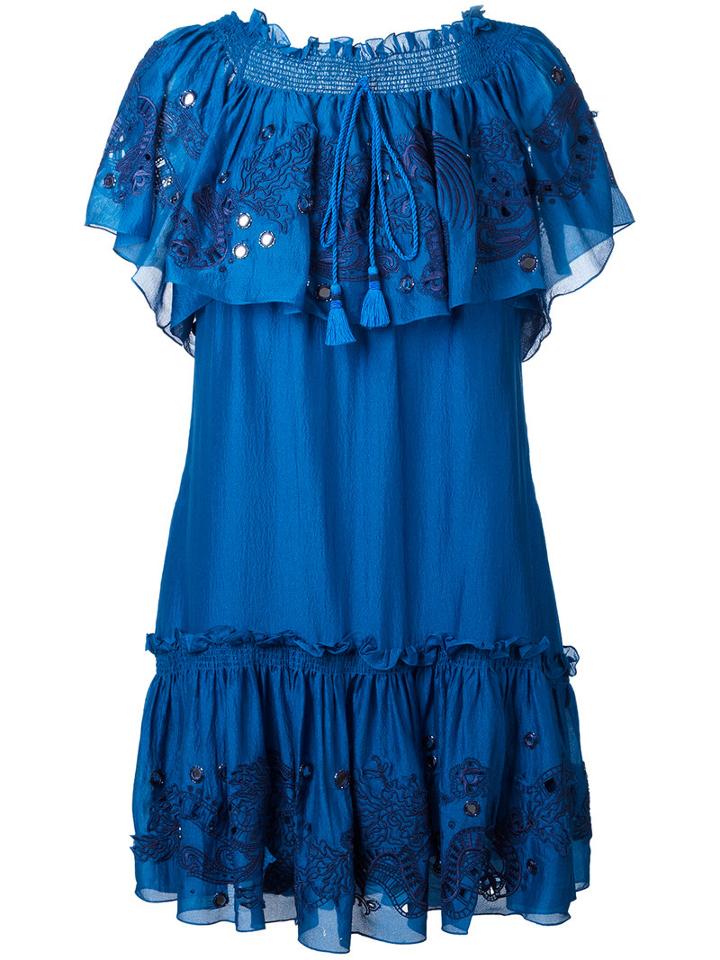 Roberto Cavalli Embroidered Off-the-shoulder Dress, Women's, Size: 40, Blue, Silk/cotton