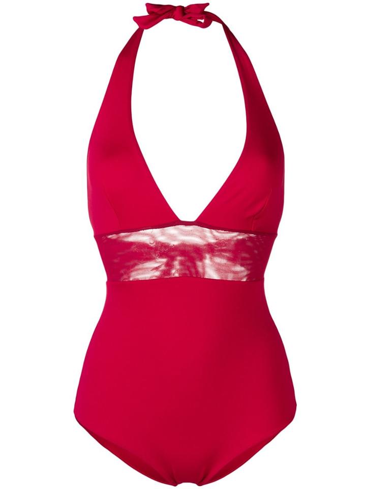 Fisico Mesh Panel Halter Swimsuit - Red