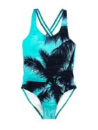 Finger In The Nose Olive Palmtree Swimsuit, Girl's, Size: 10 Yrs, Blue