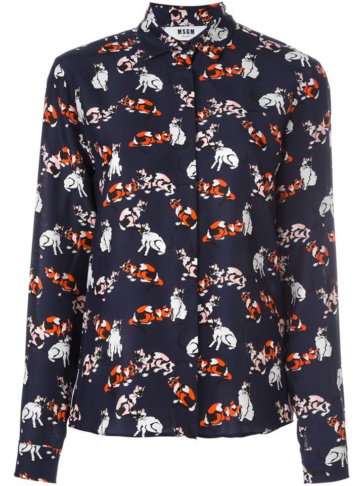 Msgm Cat Print Shirt, Women's, Size: 40, Blue, Silk/cotton
