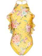 Zimmermann Halterneck Ruffled Floral Swimsuit - Yellow