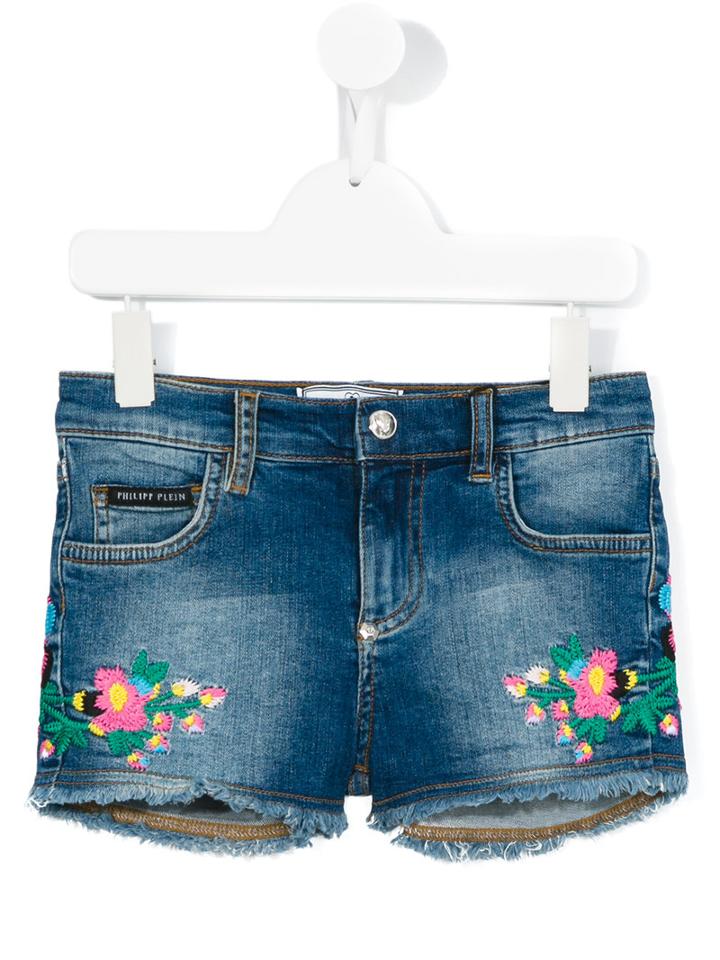 Philipp Plein Kids Embroidered Denim Shorts, Girl's, Size: 12 Yrs, Blue