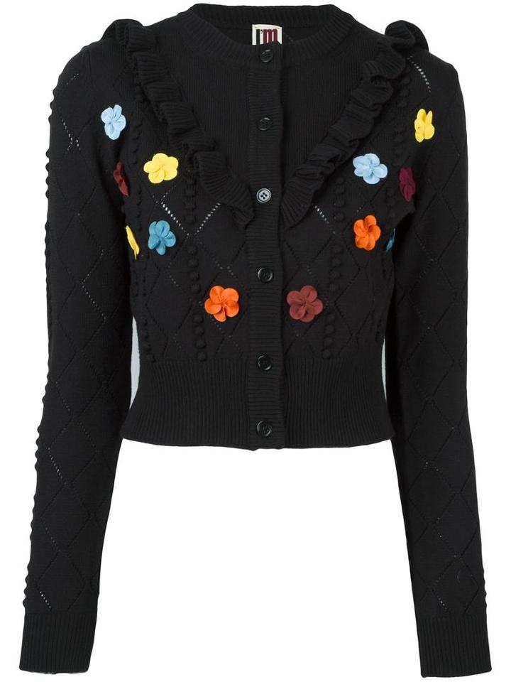 I'm Isola Marras Ruffled Floral Applique Cardigan, Women's, Size: Large, Black, Virgin Wool/acrylic/polyester