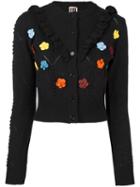 I'm Isola Marras Ruffled Floral Applique Cardigan, Women's, Size: Large, Black, Virgin Wool/acrylic/polyester