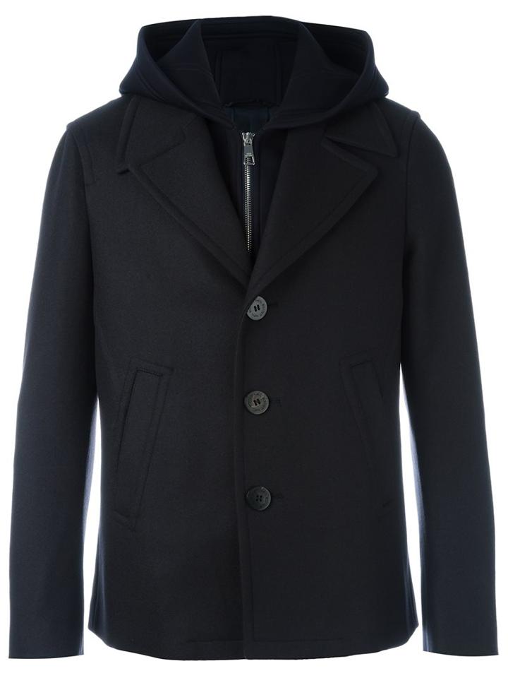Neil Barrett Layered Hooded Coat, Men's, Size: 46, Blue, Cotton/polyamide/polyester/virgin Wool