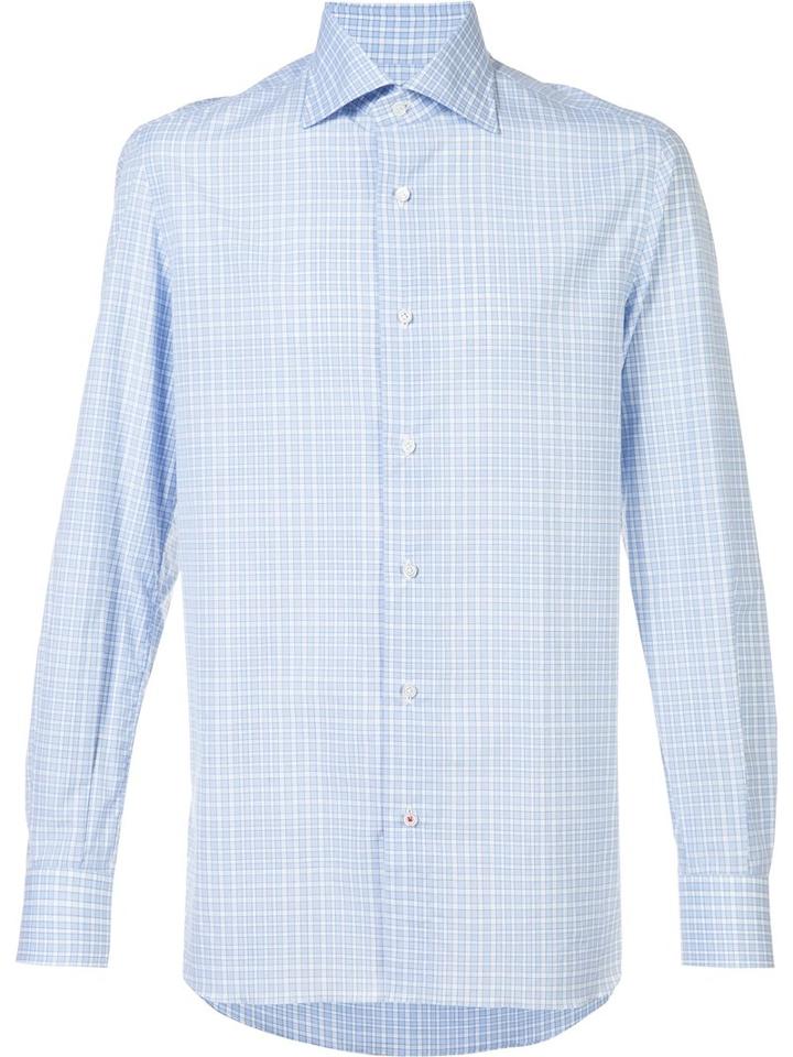 Isaia Plaid Shirt, Men's, Size: 17, Blue, Cotton