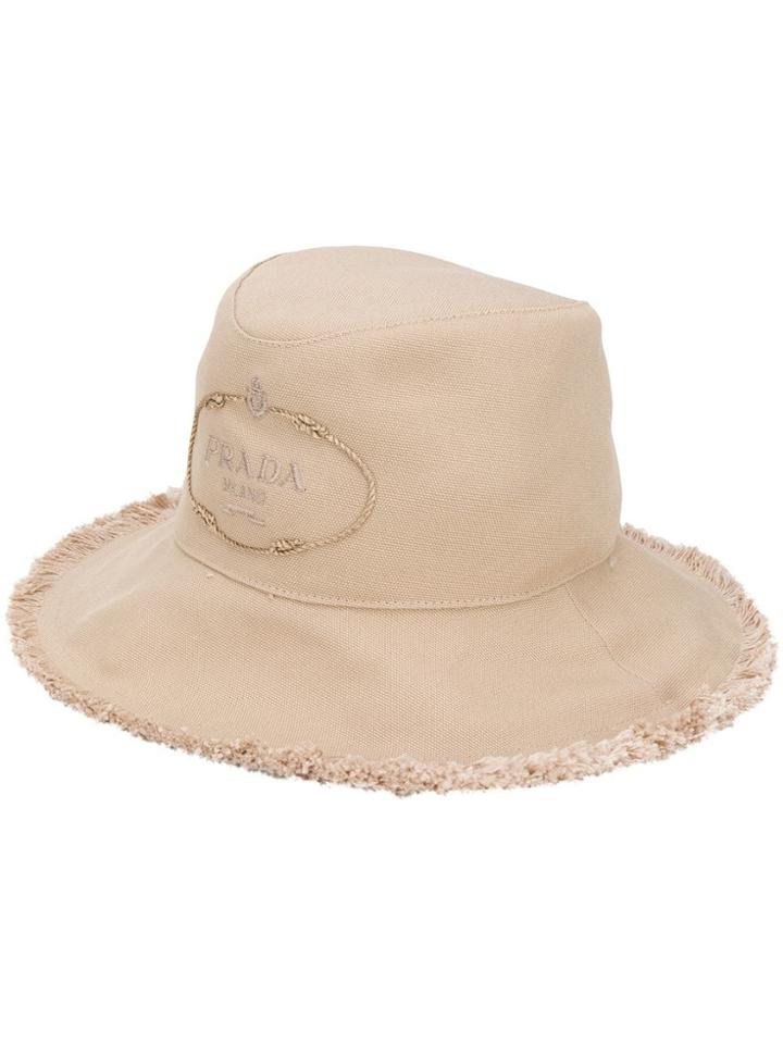 Prada Logo Embroidered Hat - Neutrals