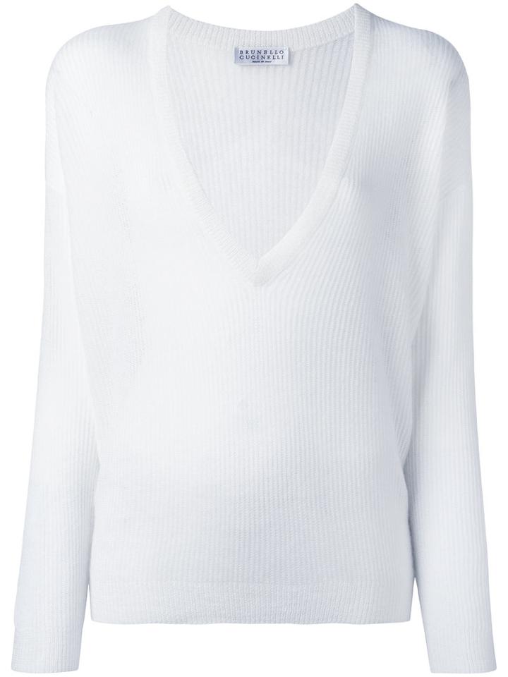 Brunello Cucinelli V Neck Jumper, Women's, Size: Medium, White, Polyamide/mohair/wool