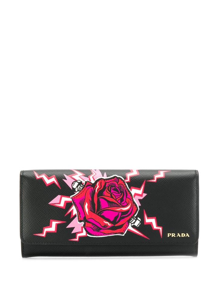 Prada Rose Print Continental Wallet - Black
