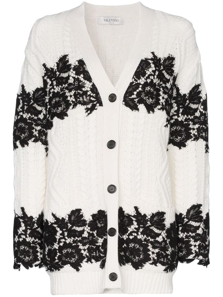 Valentino V-neck Lace Trimmed Virgin Wool Cardigan - White