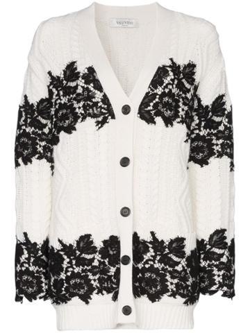 Valentino V-neck Lace Trimmed Virgin Wool Cardigan - White