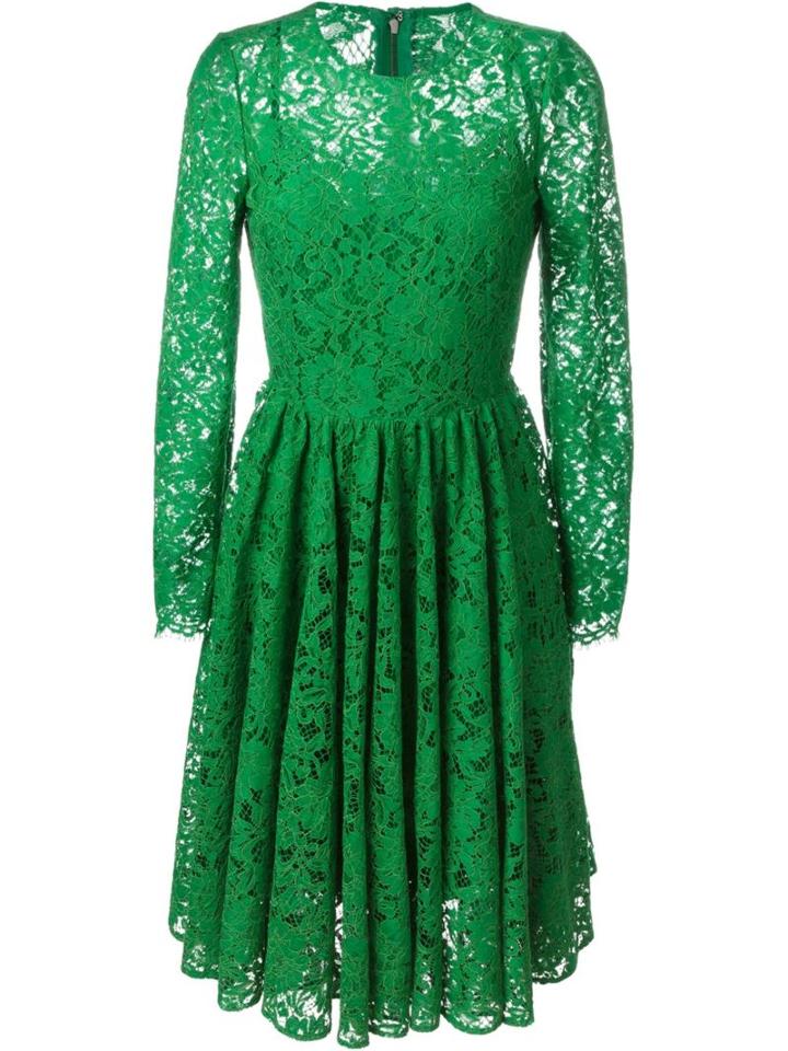 Dolce & Gabbana Floral Lace Flared Dress, Women's, Size: 42, Green, Silk/cotton/polyamide/polyamide