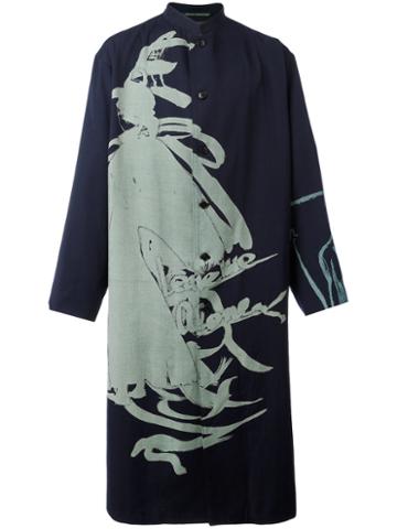 Yohji Yamamoto Patterned Slouch Coat, Men's, Size: 3, Blue, Wool/silk/cupro