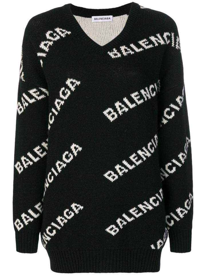 Balenciaga V-neck Logo Sweater - Black