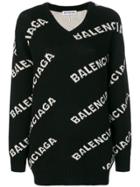 Balenciaga V-neck Logo Sweater - Black