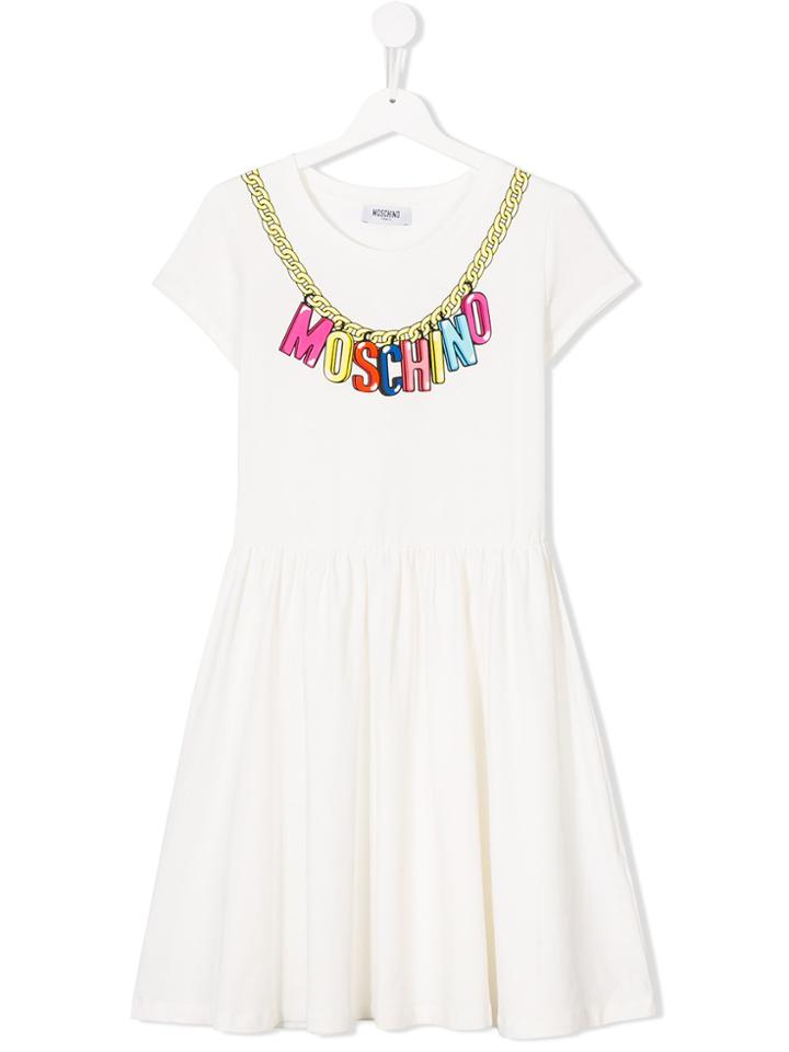 Moschino Kids Chained Logo Print Dress - White