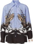 Burberry Ship Print Silk Oversized Shirt And Tie Twinset - Blue