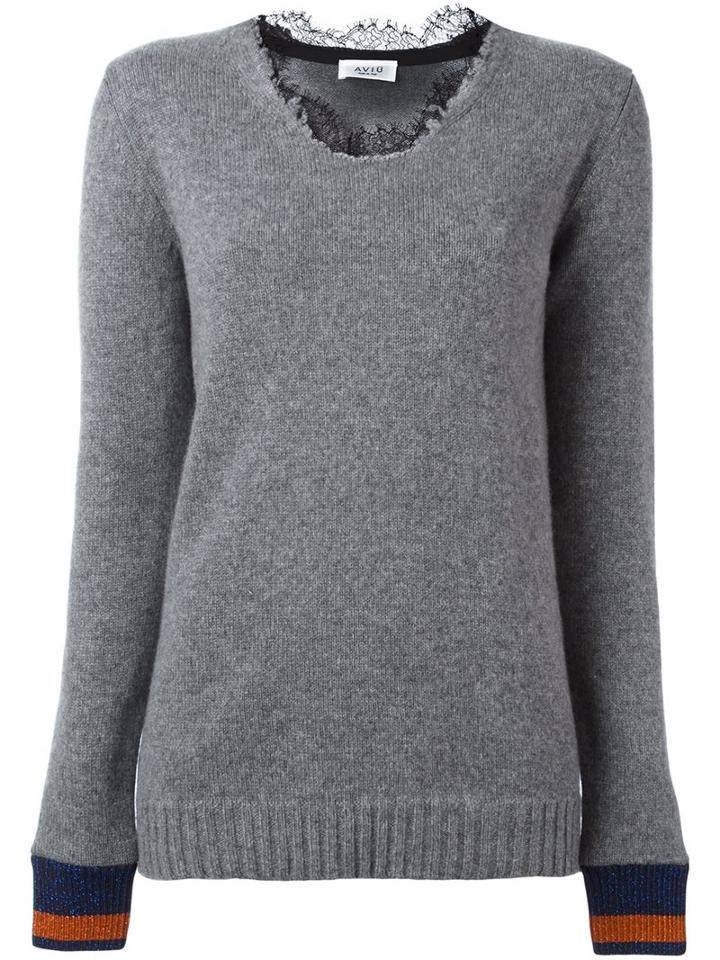 Aviù - Lace Collar Jumper - Women - Polyamide/polyester/spandex/elastane/cashmere - 44, Grey, Polyamide/polyester/spandex/elastane/cashmere