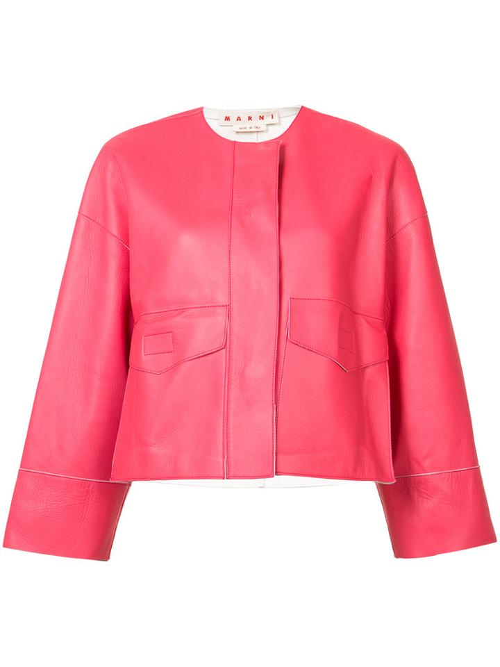 Marni - Collarless Cropped Jacket - Women - Lamb Skin - 38, Pink/purple, Lamb Skin