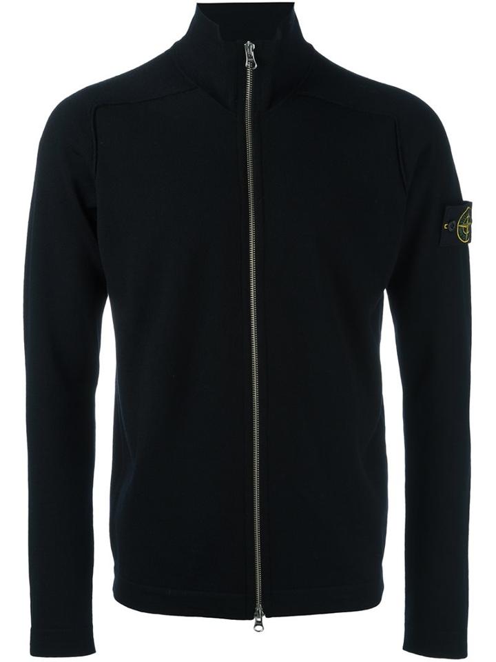 Stone Island High Neck Zipped Cardigan, Men's, Size: Small, Black, Wool